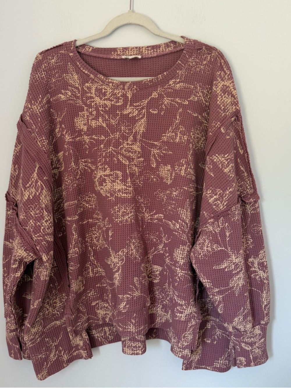 BiBi Oversized Waffle Knit Thermal Top Medium Floral Mauve Rose Boho Cottagecore